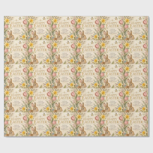 Papel De Presente Coelho de Páscoa Vintage Saudações Flores de jardi