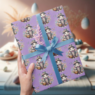 Papel De Presente Coelho de Páscoa Vitoriano com Flores em Aquarela