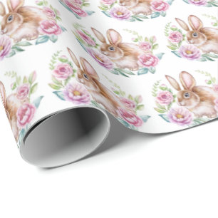 Papel De Presente Coelho de Watecolor-Cute e Flores Rosa