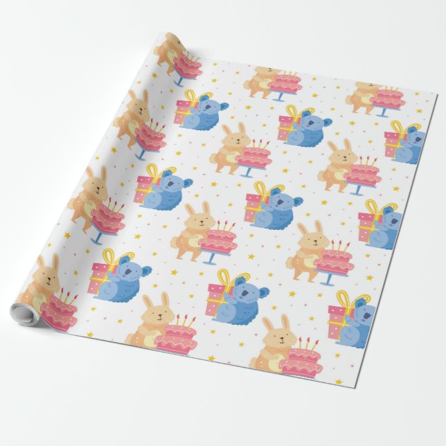 Papel De Presente Coelho E Urso Coala No Aniversário De Crianças (Desenrolado)
