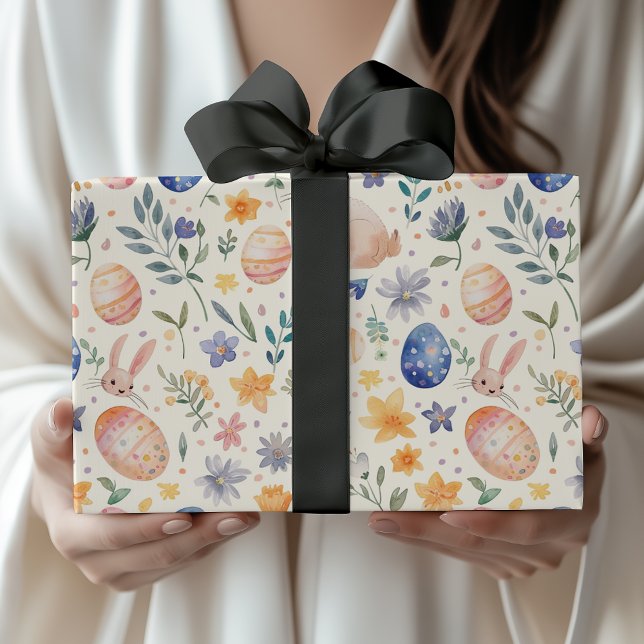 Papel De Presente Coelho Flores Ovos Pastel Aquarela Atemporal (Criador carregado)