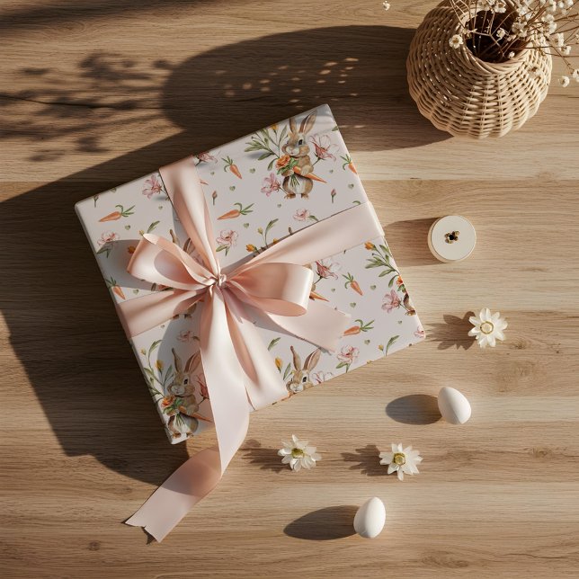 Papel De Presente Coelho Páscoa de Aquarelas, Cenouras e Design Flor (Watercolor Easter Rabbit, Carrots & Floral Design Wrapping Paper)