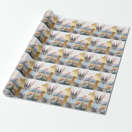Papel De Presente Coelho soprando chiclete azul no primeiro aniversá