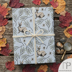 Papel De Presente Coelhos Azuis de Inverno e Design Floral
