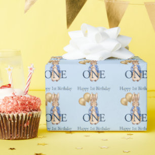 Papel De Presente Coelhos Clássicos Balões Dourados Aniversário de U