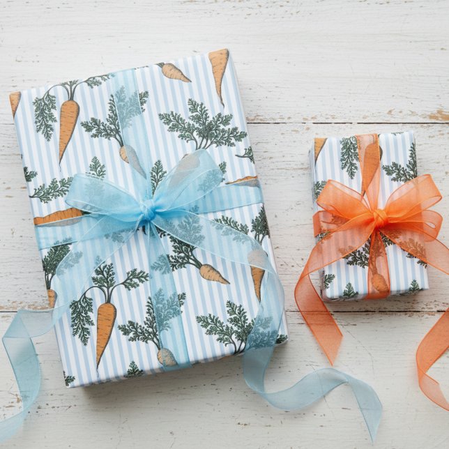 Papel De Presente Coelhos de Páscoa Cenouras e Listras Azuis (Cute Carrots & Green Leaves Vegetable Food Pattern Wrapping Paper for Easter and Vegan Themed Party)