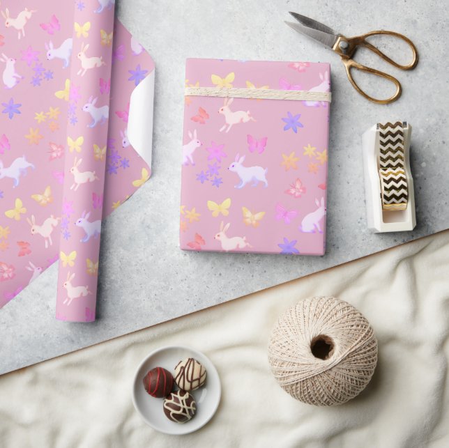 Papel De Presente coelhos e borboletas amarelas (Artesanato)