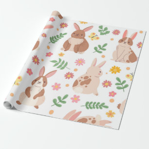 Papel De Presente Coelhos e flores de Páscoa