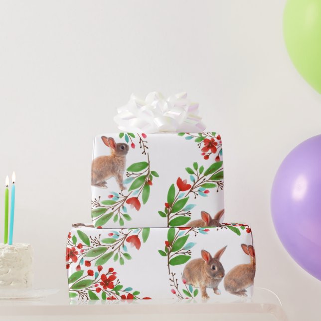 Papel De Presente Coelhos Flores de Cerejeira Vermelhas Folhas Verde (Presentes para festas)