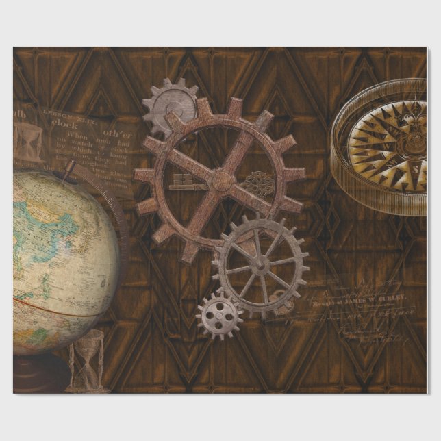 Papel De Presente Cogs Steampunk, Gears & World Globe Design (Aberto)