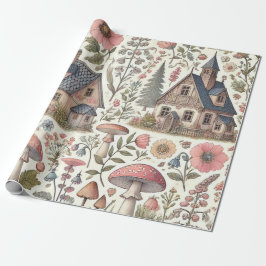 Papel De Presente Cogumelo de Cottagecore e Padrão Floral