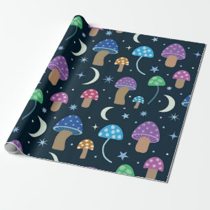 Papel De Presente Cogumelo Espacial com Lua e Estrelas