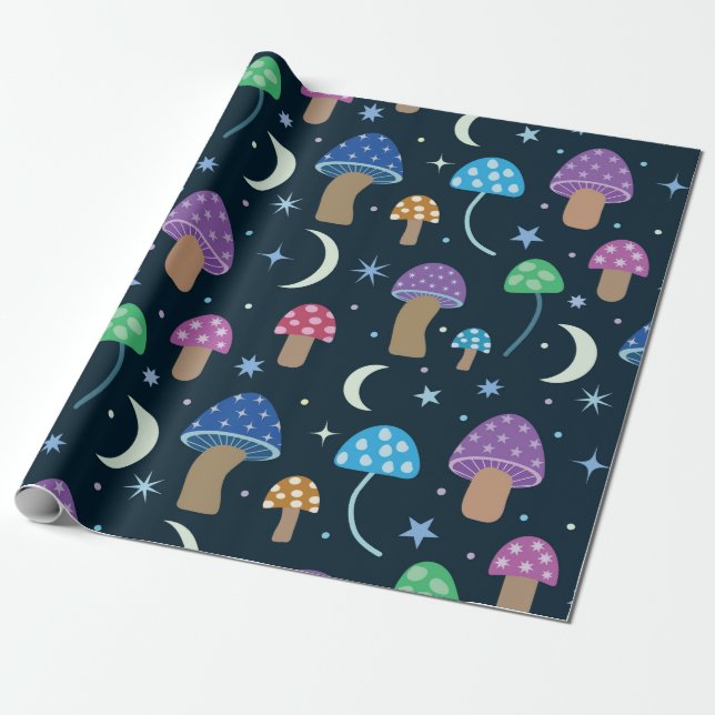 Papel De Presente Cogumelo Espacial com Lua e Estrelas (Desenrolado)