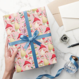 Papel De Presente Cogumelo Pintado Pintado De Mão Rosa