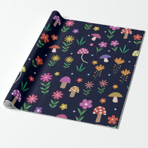 Papel De Presente Cogumelos Coloridos Com Padrão de Flores Caprichos