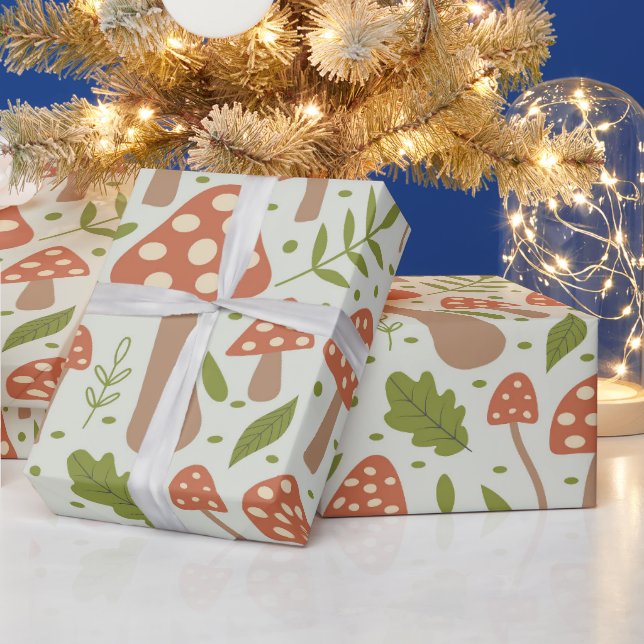 Papel De Presente Cogumelos de Terracota com Folhas Verdes  (Feriados)