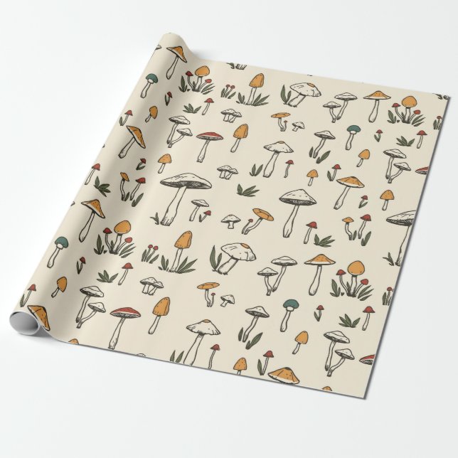 Papel De Presente Cogumelos Florestais Pequenos em Fundo bege (Desenrolado)