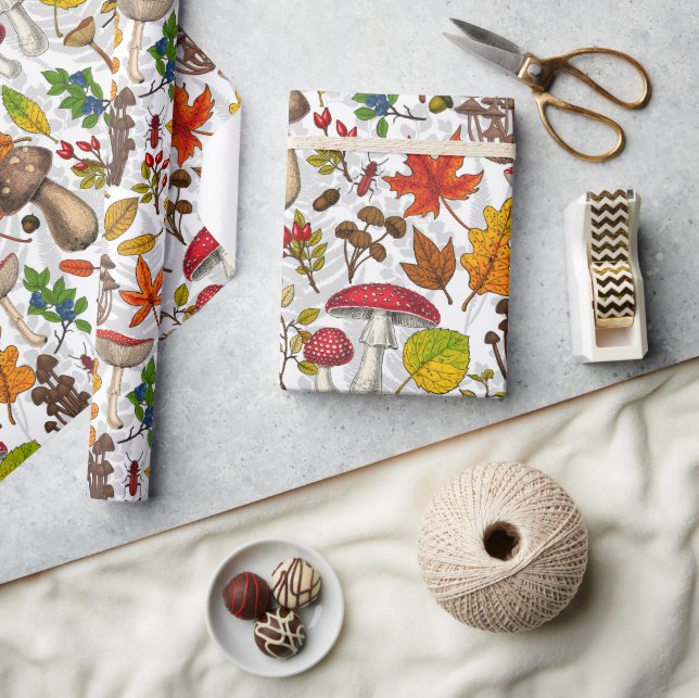 Papel De Presente Cogumelos, folhas, loucos e bagas de outono (Artesanato)