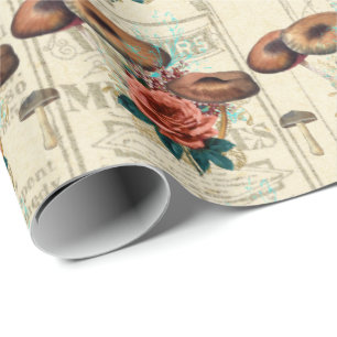 Papel De Presente Cogumelos Marrom Woodland Antigos Rosas