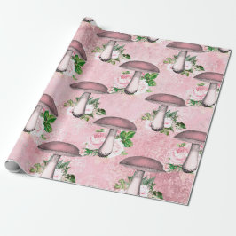 Papel De Presente Cogumelos Pink Woodland Antiguidade Ephemera