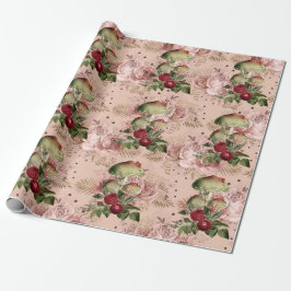Papel De Presente Cogumelos Pink Woodland Dourada Floral Vintage Min