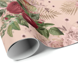 Papel De Presente Cogumelos Pink Woodland Dourada Floral Vintage Min