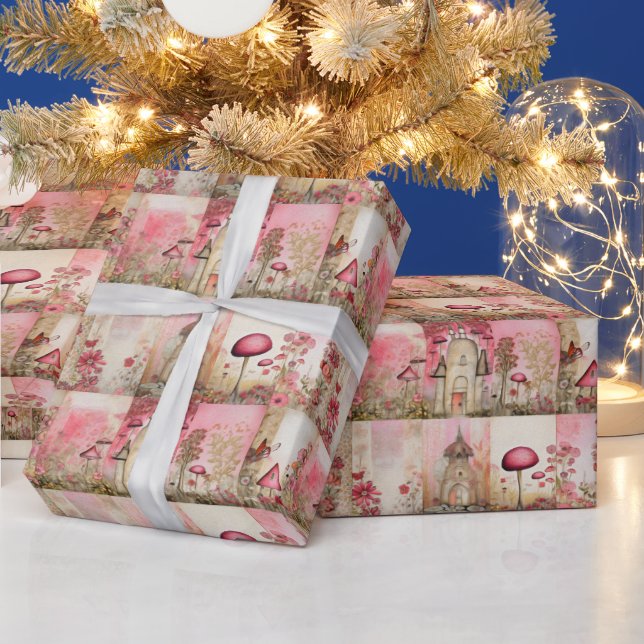 Papel De Presente Cogumelos rosa caprichosos e fofos (Feriados)