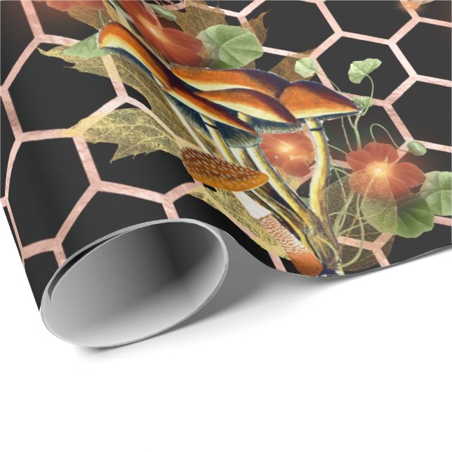 Papel De Presente Cogumelos Rosa Woodland Black Floral Honeycomb (Ponta do rolo)