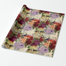 Papel De Presente Cogumelos Woodland Antigos Ephemera Marsala Vermel