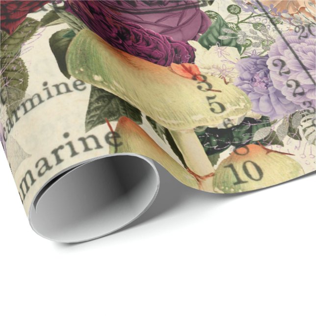 Papel De Presente Cogumelos Woodland Antigos Ephemera Marsala Vermel (Ponta do rolo)