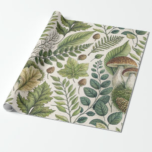 Papel De Presente Cogumelos Woodland Pinecones Ferns Padrão de Outon