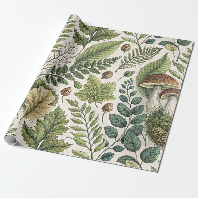 Papel De Presente Cogumelos Woodland Pinecones Ferns Padrão de Outon (Desenrolado)