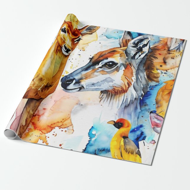 Papel De Presente Colagem de Aquarelas Selvagens (Desenrolado)