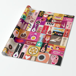 Papel De Presente Colagem de arte, ilustração musical da safra. Patc