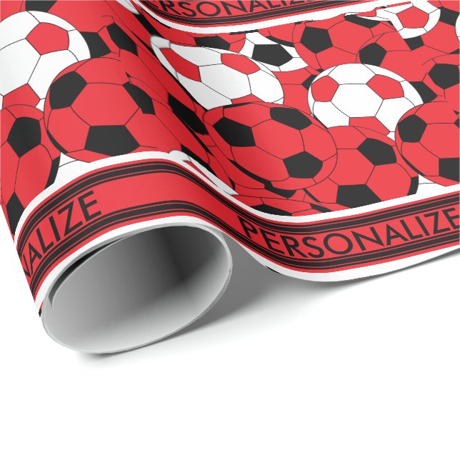Papel De Presente Colagem de Bola de Futebol Vermelho (Ponta do rolo)