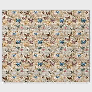 Papel De Presente Colagem de Borboletas de Script e Vintagem Antigos