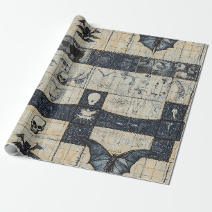 Papel De Presente Colagem de Crânio Gótico e Denim de Morcego