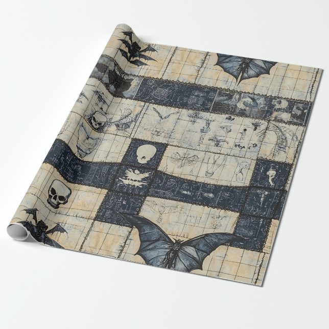 Papel De Presente Colagem de Crânio Gótico e Denim de Morcego (Desenrolado)
