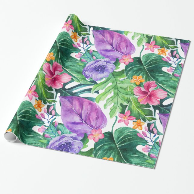 Papel De Presente Colagem de flores e folhas tropicais exuberantes e (Desenrolado)