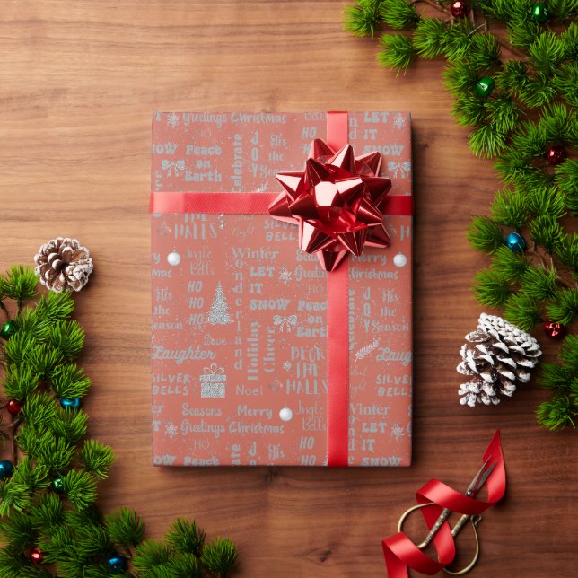 Papel De Presente Colagem de Fontes de Natal Elegante Terracotta (Presente de Natal)
