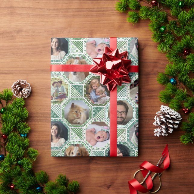 Papel De Presente Colagem de Fotografias Familiares Verde Inclinação (Presente de Natal)