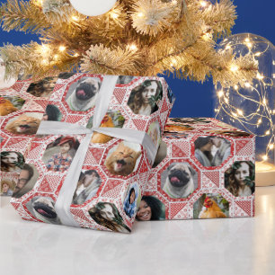 Papel De Presente Colagem de Fotografias Familiares Vermelho Inclina