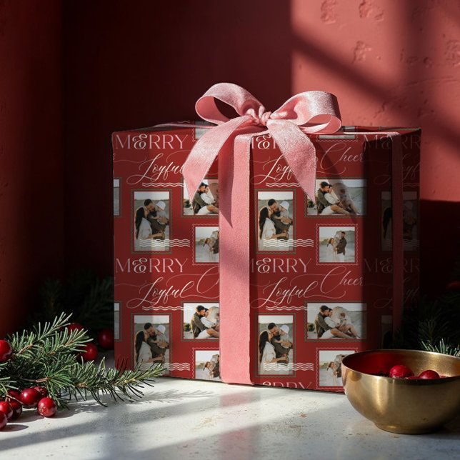 Papel De Presente Colagem de Fotografias Modernas com Voz e Alegria  (Merry Joyful Cheer Wavy Retro Modern Photo Collage Wrapping Paper)