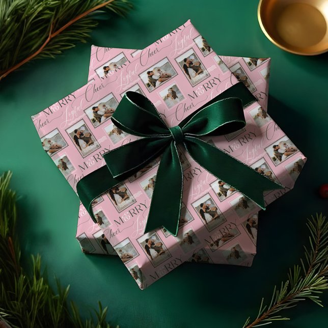 Papel De Presente Colagem de Fotografias Modernas com Voz e Alegria  (Merry Joyful Cheer Wavy Retro Modern Photo Collage Wrapping Paper)