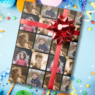 Papel De Presente Colagem de Fotos 4 Quadrados Preta e Dourada Perso