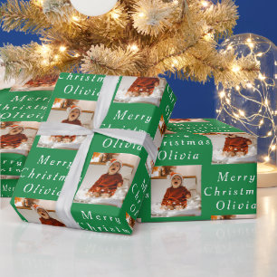 Papel De Presente Colagem de Fotos Brancas Verde do Feliz Natal