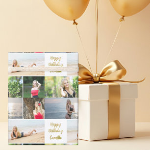 Papel De Presente Colagem de Fotos Chic Aniversário Feliz Letra Dour