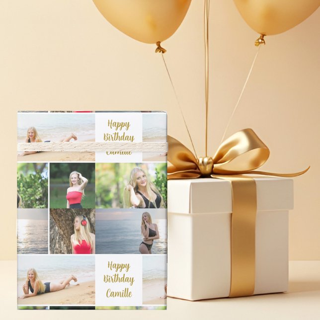 Papel De Presente Colagem de Fotos Chic Aniversário Feliz Letra Dour (Criador carregado)