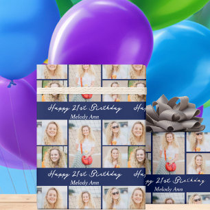 Papel De Presente Colagem de Fotos de Aniversário Azul Marinho Feliz