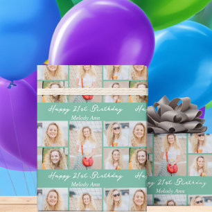 Papel De Presente Colagem de Fotos de Aniversário Chic Verde Espuma 